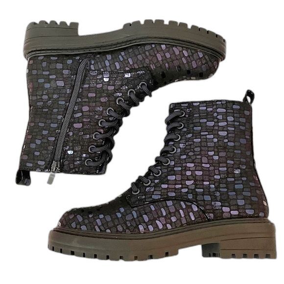 Tinstree Combat Boot Metallic Blue Printed Lug Sole 8 Eye Lace Up Boots Size 6 - Picture 4 of 13